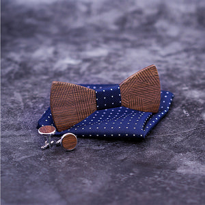 Men's Plaid Wooden Bow Tie Set Striped