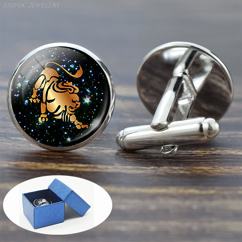12 Constellation Glass Alloy Cufflinks Leo Pisces Zodiac Sign