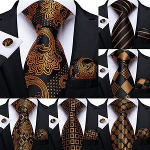 Gold Black Striped Paisley Silk Wedding Tie For Men