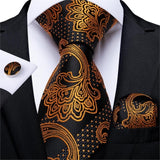 Gold Black Striped Paisley Silk Wedding Tie For Men