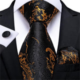 Gold Black Striped Paisley Silk Wedding Tie For Men