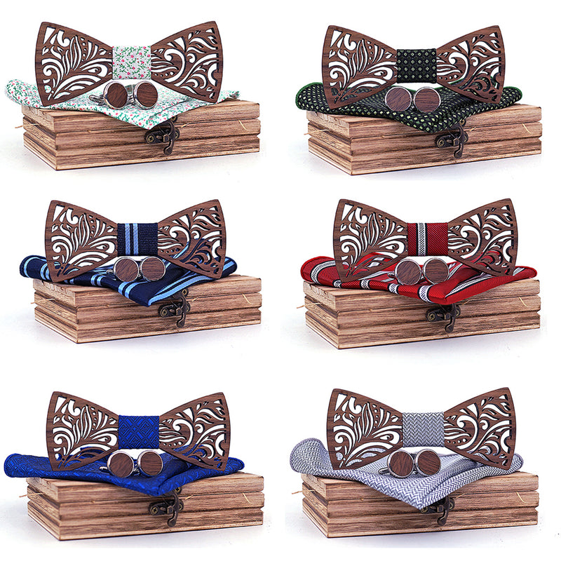 Wooden Bow Tie set and Handkerchief Bowtie
