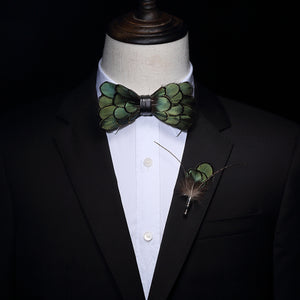 Original Green Birds Feather Bow Tie Natural Hand Made