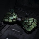Original Green Birds Feather Bow Tie Natural Hand Made