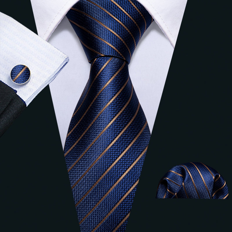 Men Tie Gold Navy Striped 100% Silk Tie